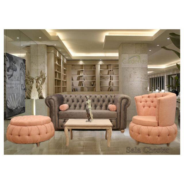 Sala Chester con sofá, butaca y puff capitoneados